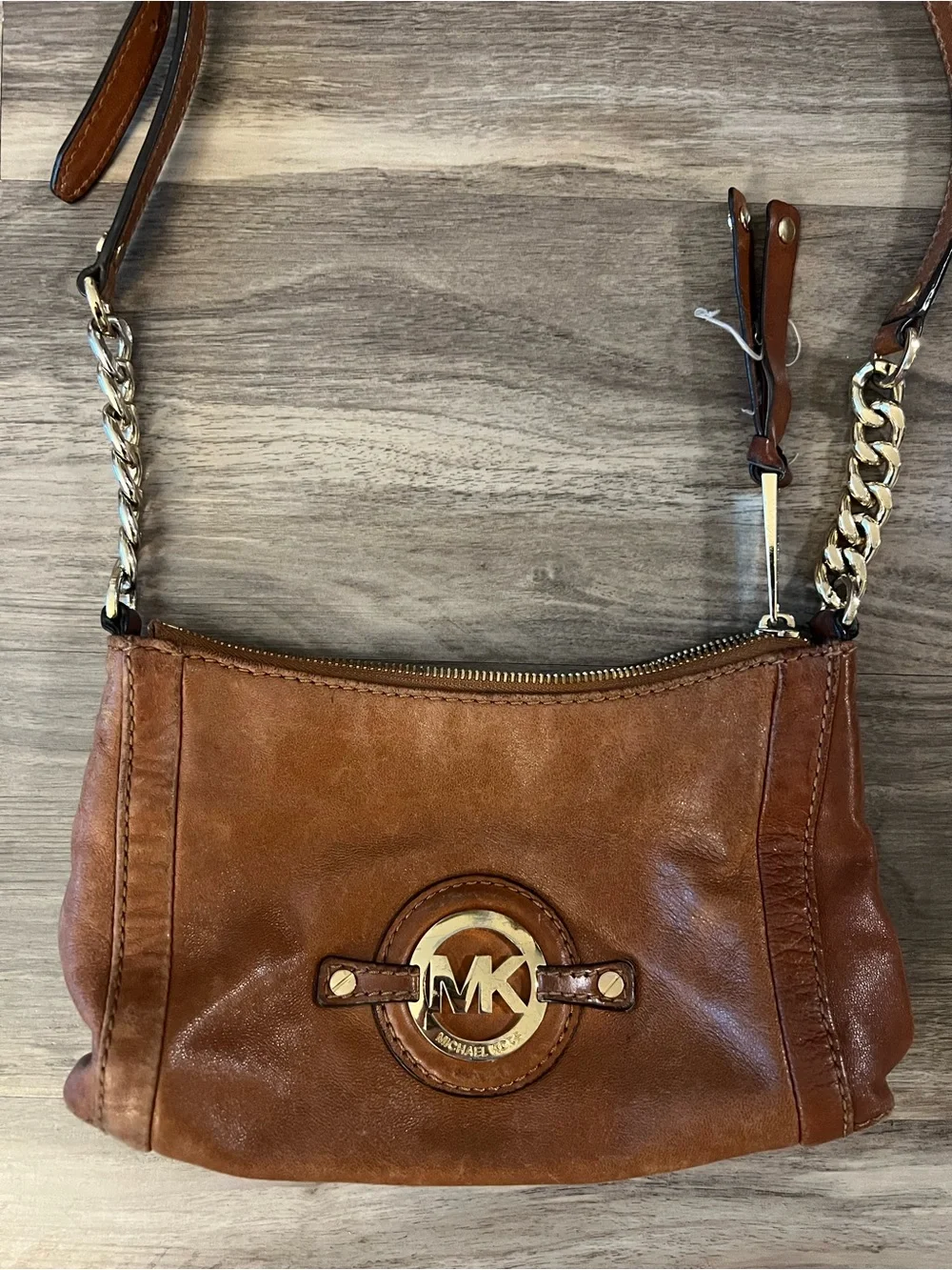 Michael Kors Tan Leather Crossbody Bag with Gold-Tone MK Medallion